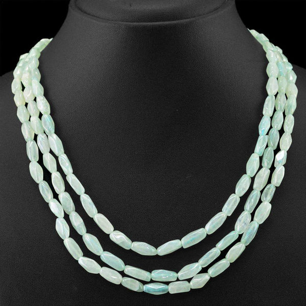 gemsmore:Natural Green Aquamarine Necklace Faceted 3 Line Unheated Beads