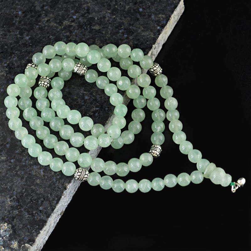 gemsmore:Natural Green Aquamarine Prayer Mala 108 Round Beads Necklace