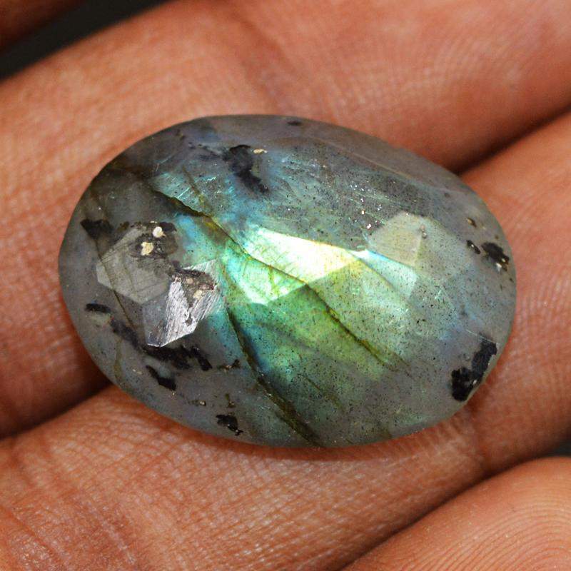 gemsmore:Natural Green Flash Labradorite Checkered Cut Oval Shape Gemstone