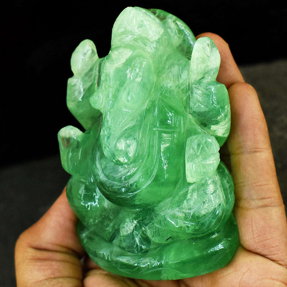 gemsmore:Natural Green Fluorite Hand Carved Genuine Crystal Gemstone Carving Lord Ganesha