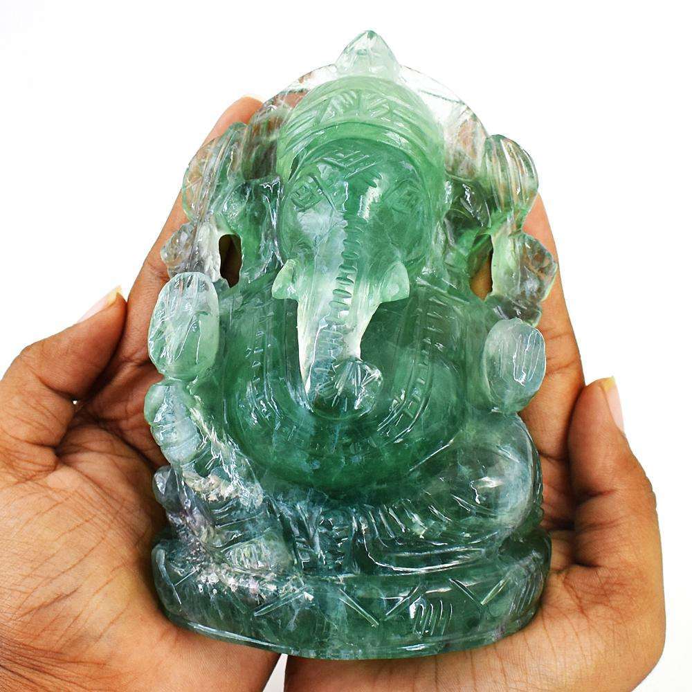 gemsmore:Natural Green Fluorite Hand Carved Genuine Crystal Gemstone Carving Massive Lord Ganesha