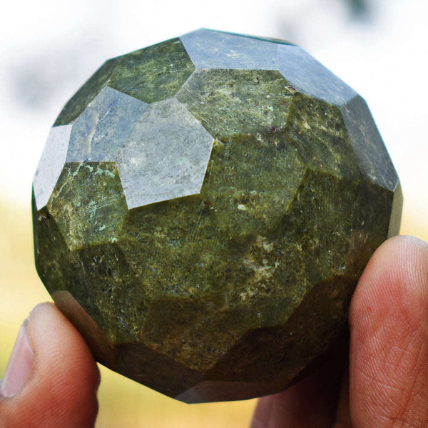 gemsmore:Natural Green Garnet Crystal Hand Carved Checkers Cut Healing Sphere