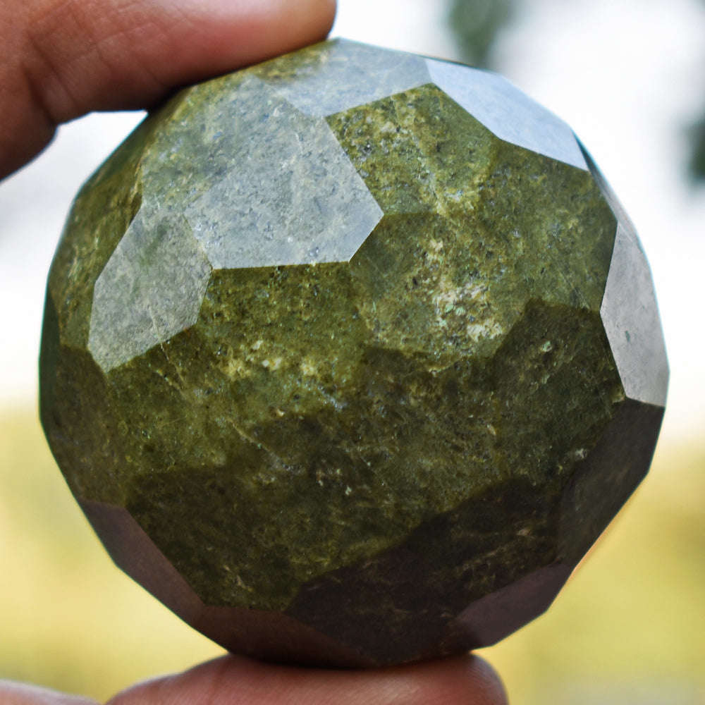 gemsmore:Natural Green Garnet Crystal Hand Carved Checkers Cut Healing Sphere