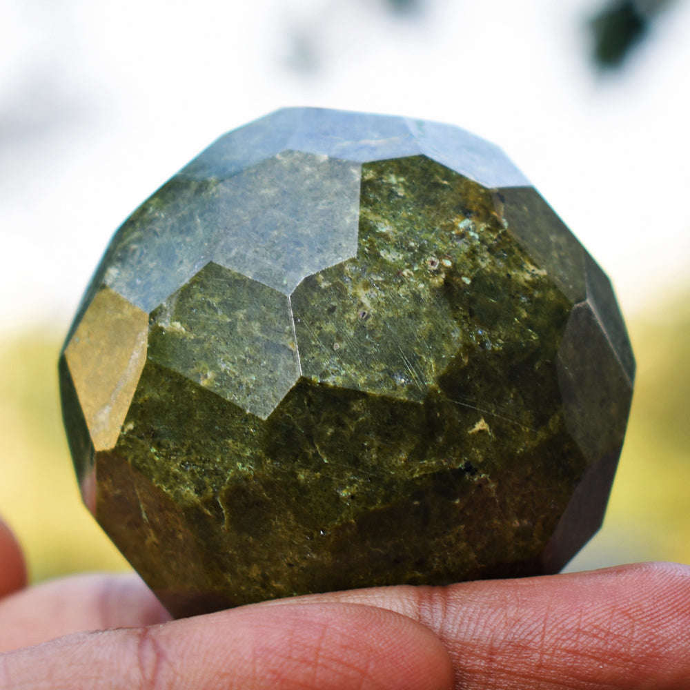 gemsmore:Natural Green Garnet Crystal Hand Carved Checkers Cut Healing Sphere