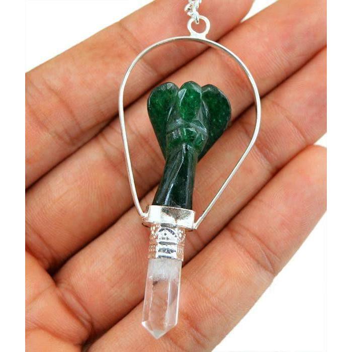 gemsmore:Natural Green Jade Carved Angel Healing Point Pendulum