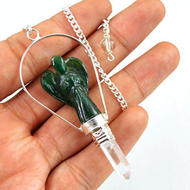 gemsmore:Natural Green Jade Carved Angel Healing Point Pendulum