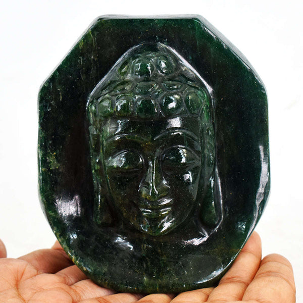 gemsmore:Natural Green Jade Hand Carved Genuine Crystal Gemstone Carving Lord Buddha Head