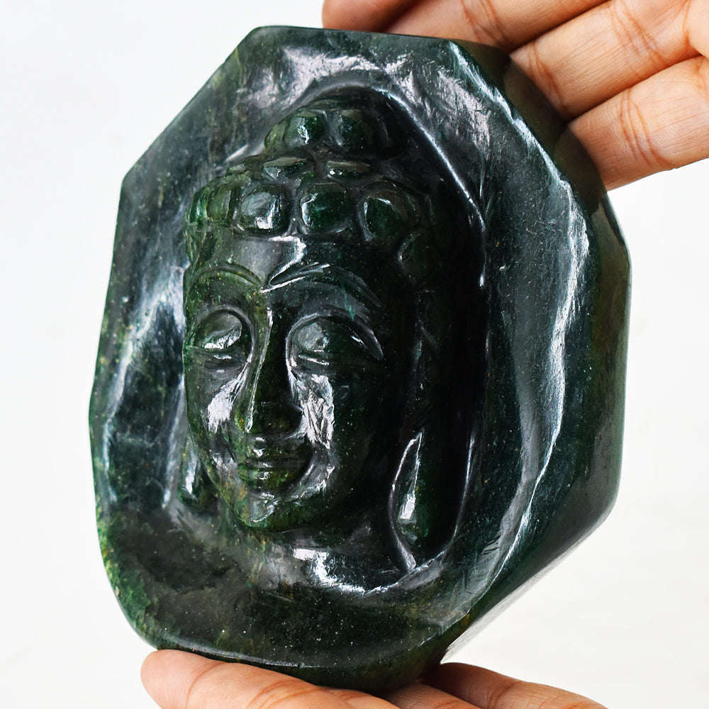 gemsmore:Natural Green Jade Hand Carved Genuine Crystal Gemstone Carving Lord Buddha Head