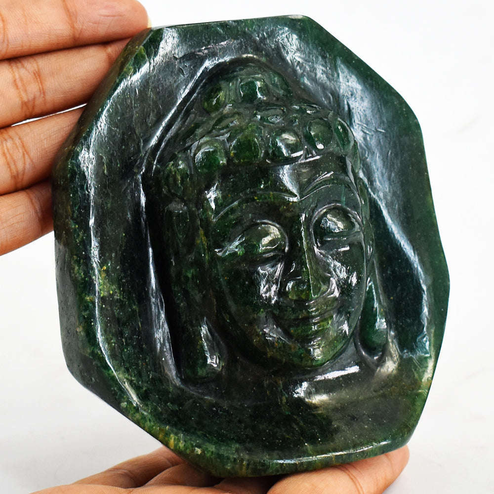 gemsmore:Natural Green Jade Hand Carved Genuine Crystal Gemstone Carving Lord Buddha Head