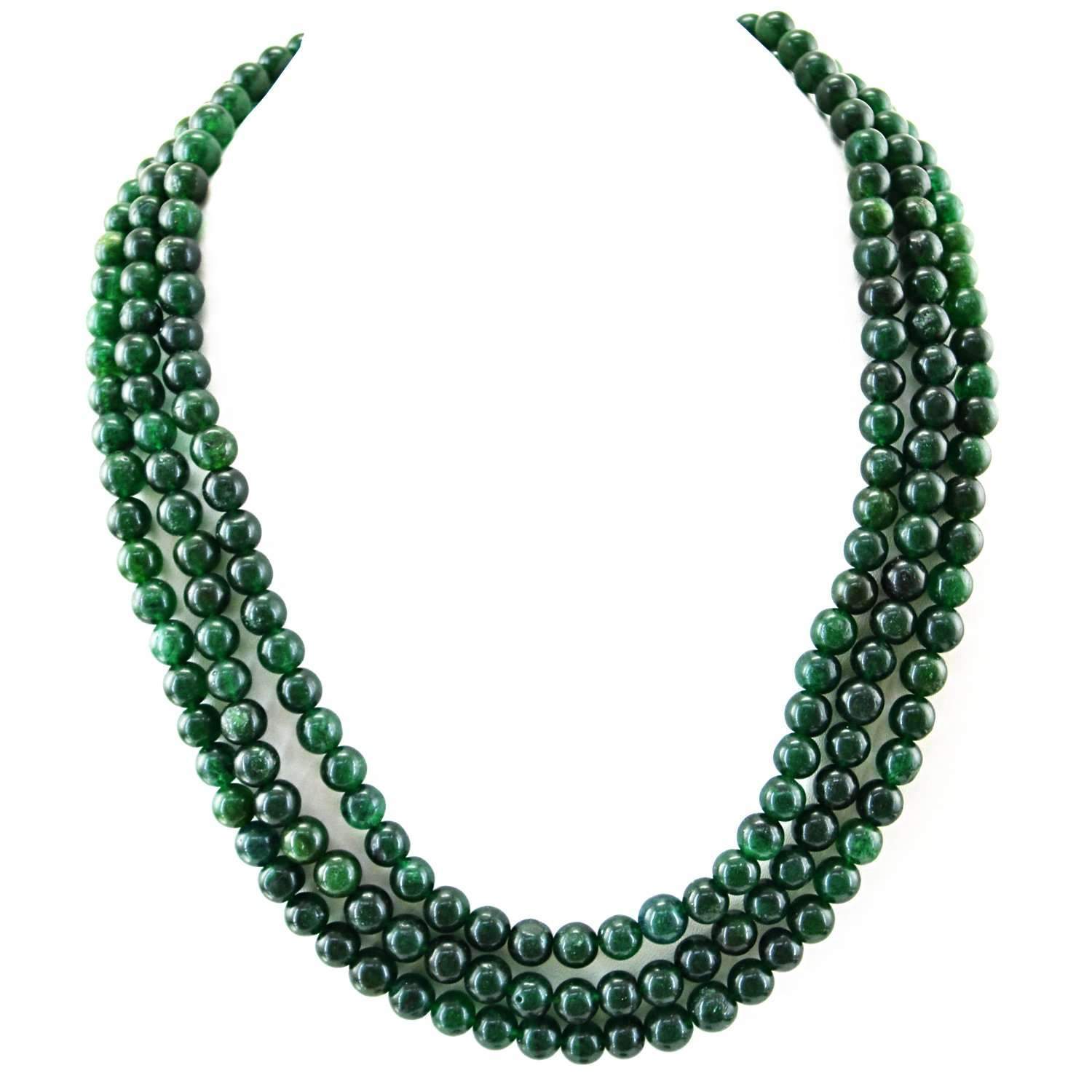 gemsmore:Natural Green Jade Necklace Round Shape 3 Strand