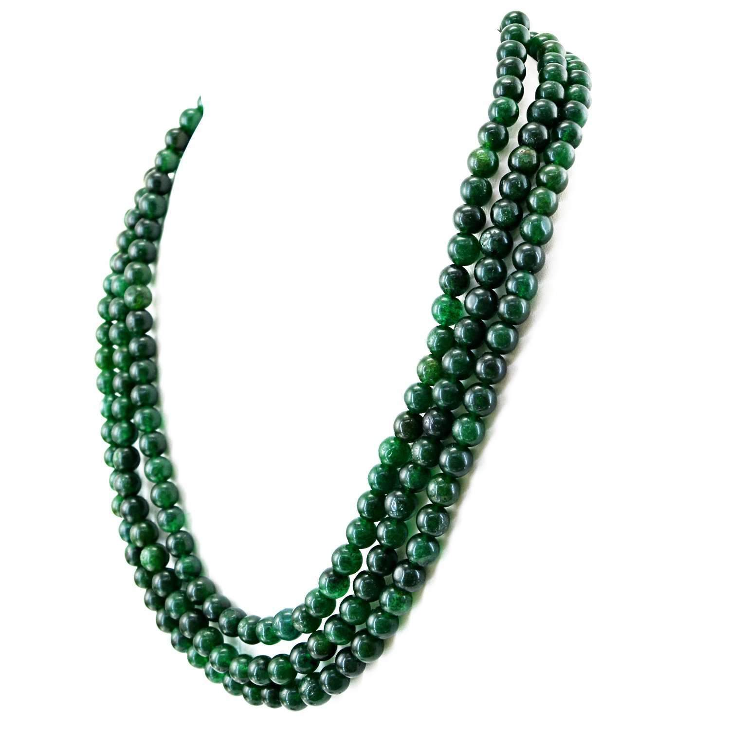 gemsmore:Natural Green Jade Necklace Round Shape 3 Strand