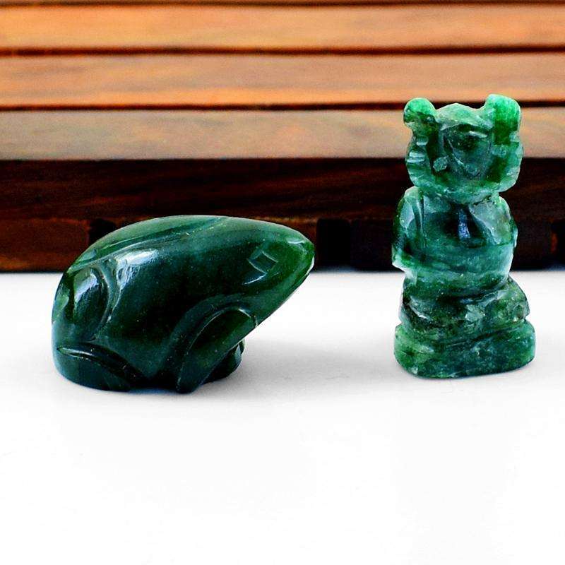 gemsmore:Natural Green Jade Owl & Carved Frog Gemstone