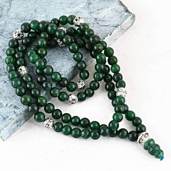 gemsmore:Natural Green Jade Prayer Mala Round 108 Beads Necklace
