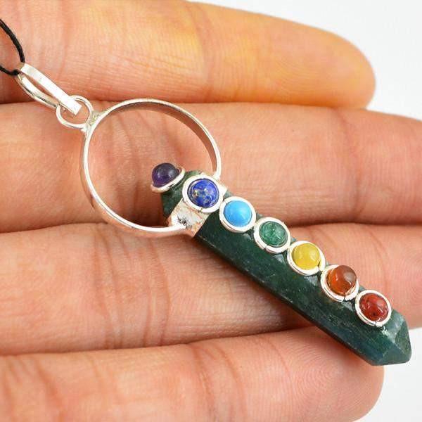 gemsmore:Natural Green Jade Seven Chakra Crystal Healing Point pendant