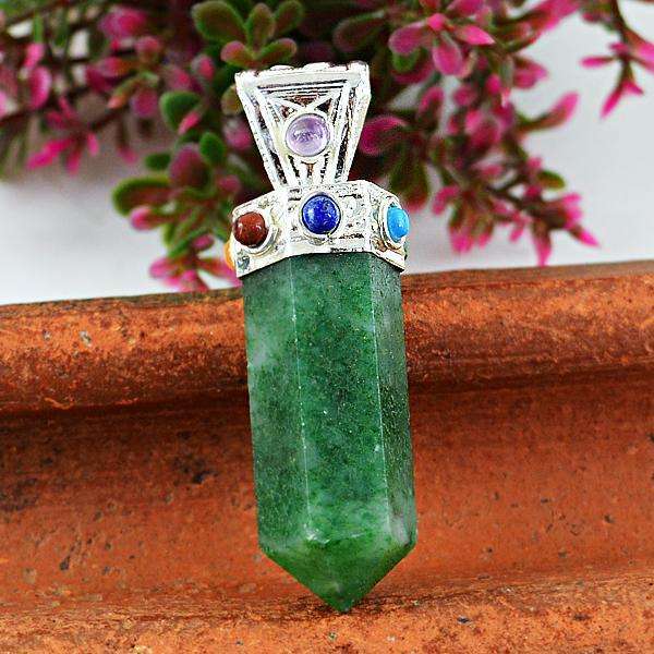 gemsmore:Natural Green Jade Seven Chakra Crystal Healing Point Pendant