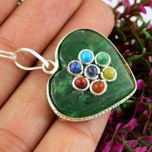 gemsmore:Natural Green Jade Seven Chakra Healing Pendant