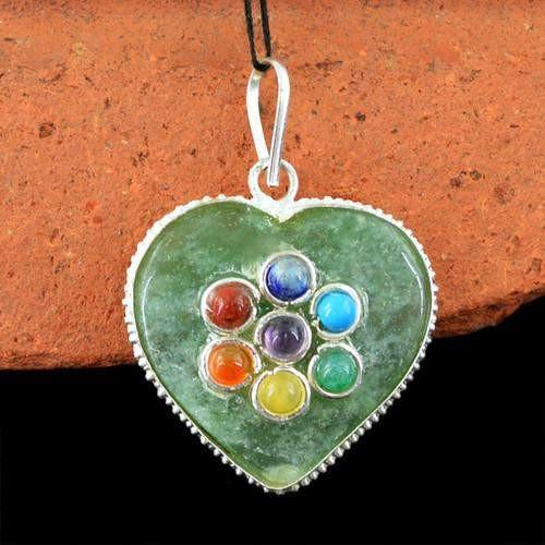 gemsmore:Natural Green Jade Seven Chakra Healing Pendant