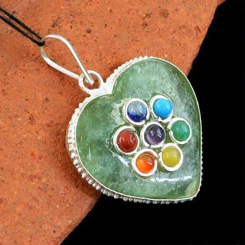 gemsmore:Natural Green Jade Seven Chakra Healing Pendant