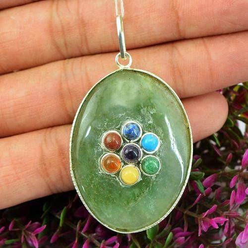 gemsmore:Natural Green Jade Seven Chakra Healing Pendant