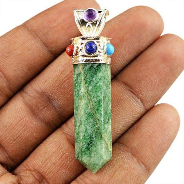 gemsmore:Natural Green Jade Seven Chakra Healing Point Pendant