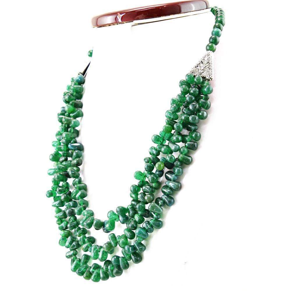 gemsmore:Natural Green Jade Tear Drop Beads Necklace - 3 Strand