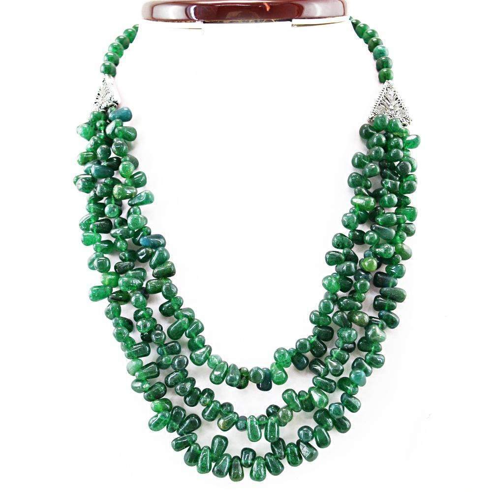 gemsmore:Natural Green Jade Tear Drop Beads Necklace - 3 Strand