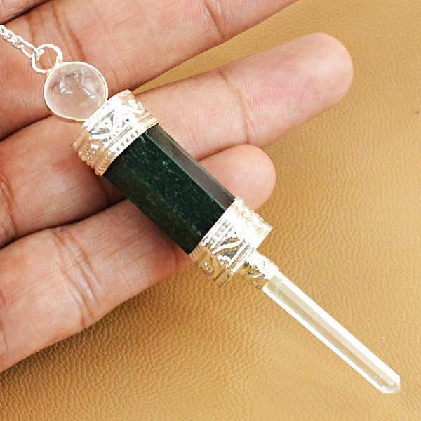 gemsmore:Natural Green Jade & White Quartz Healing Ball Point Pendulum