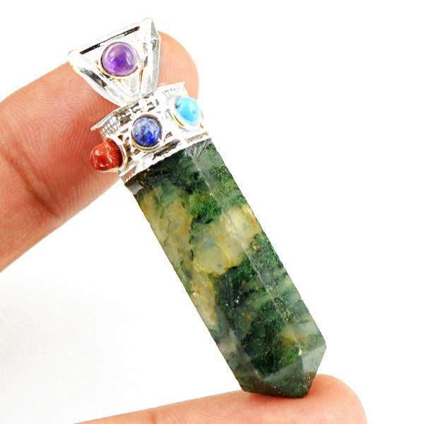 gemsmore:Natural Green Moss Agate Seven Chakra Healing Point Pendant