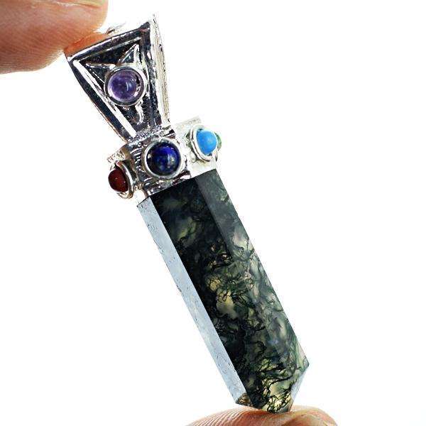 gemsmore:Natural Green Moss Agate Seven Chakra Healing Point Pendant