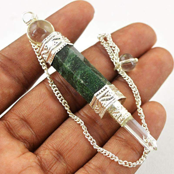 gemsmore:Natural Green Moss Agate & White Quartz Healing Ball Point Pendulum