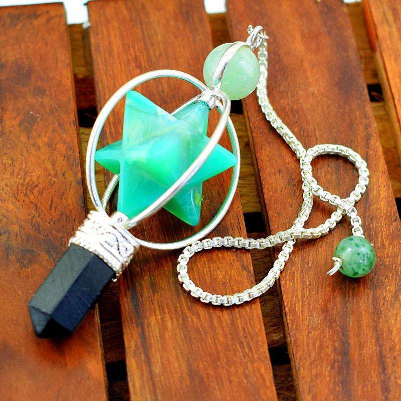 gemsmore:Natural Green Onyx Merkaba & Black Spinel Healing Ball Point Pendulum