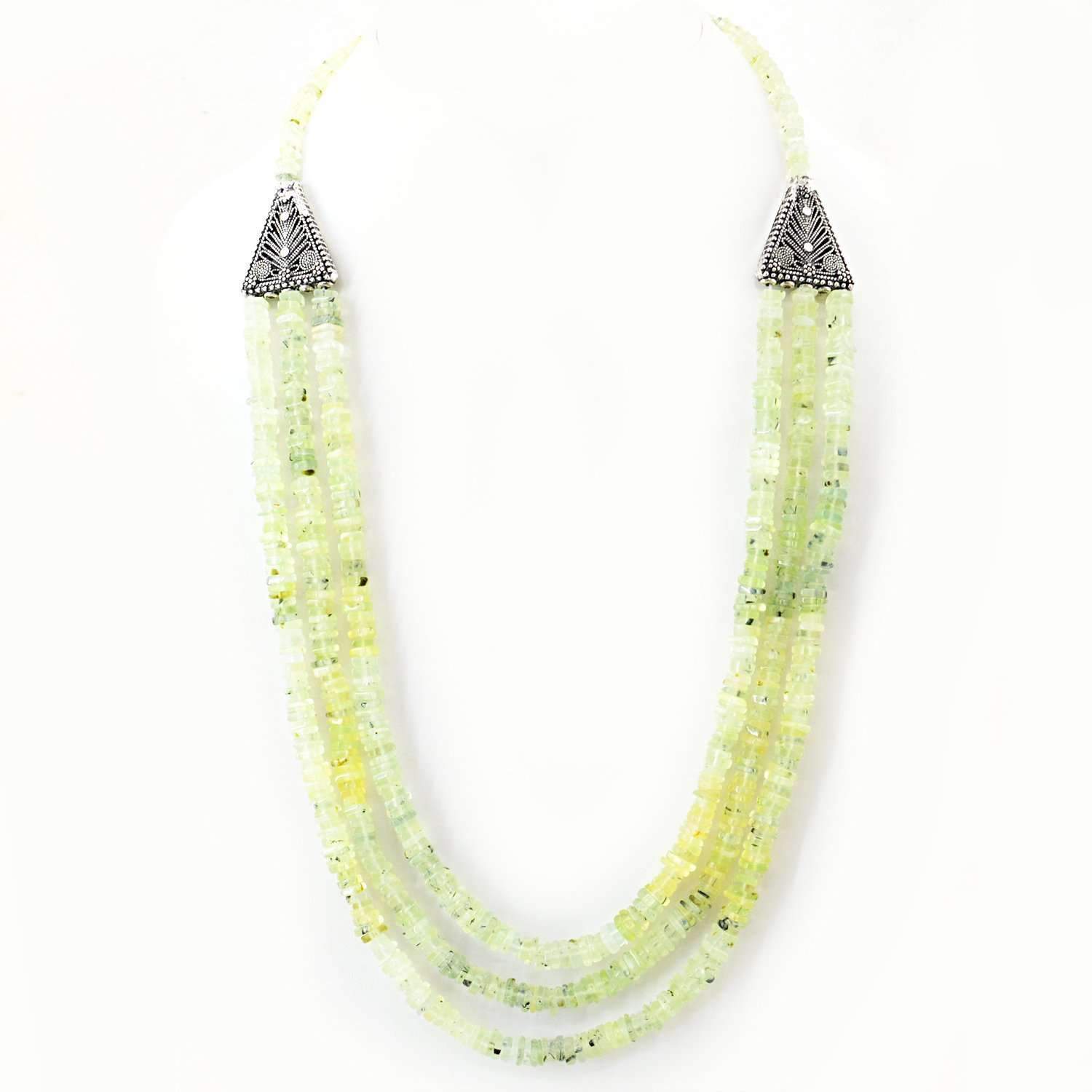 gemsmore:Natural Green Phrenite Beads Necklace - 3 Strand