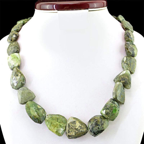 gemsmore:Natural Green Phrenite Necklace Untreated Faceted Beads