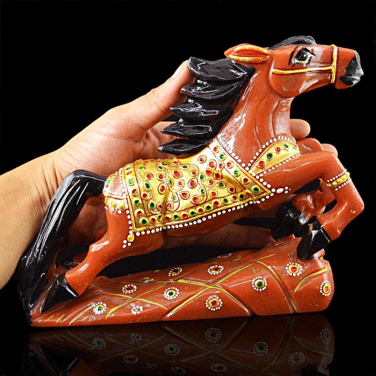 gemsmore:Natural Hand Carved Aventurine Enamel Painted Horse