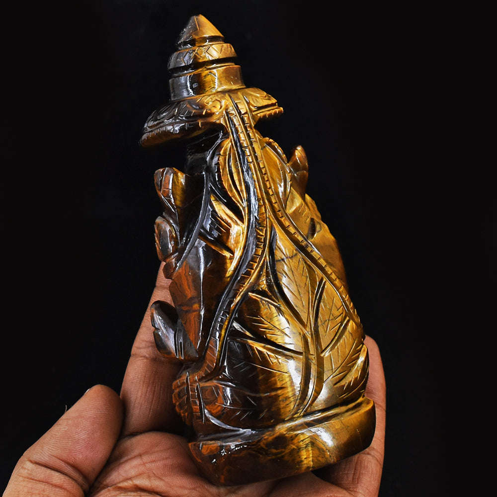 gemsmore:Natural Hand Carved Golden Tiger Eye Ganesha With Throne