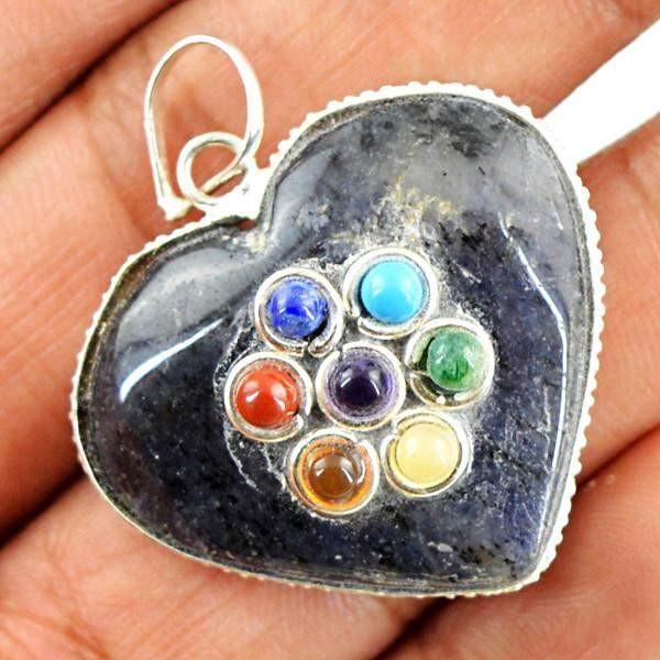 gemsmore:Natural Heart Shape Blue Iolite Seven Chakra Healing Pendant