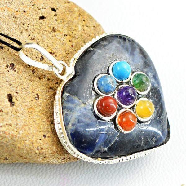 gemsmore:Natural Heart Shape Blue Sodalite Seven Chakra Healing Pendant