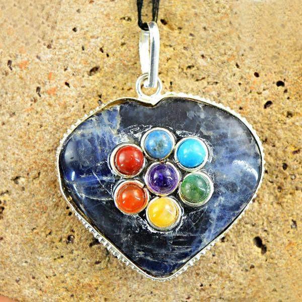 gemsmore:Natural Heart Shape Blue Sodalite Seven Chakra Healing Pendant