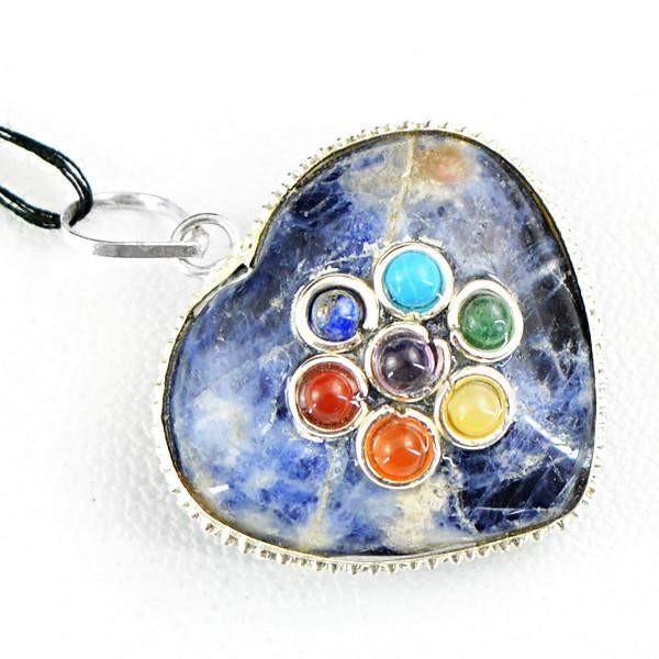 gemsmore:Natural Heart Shape Blue Sodalite Seven Chakra Healing Pendant