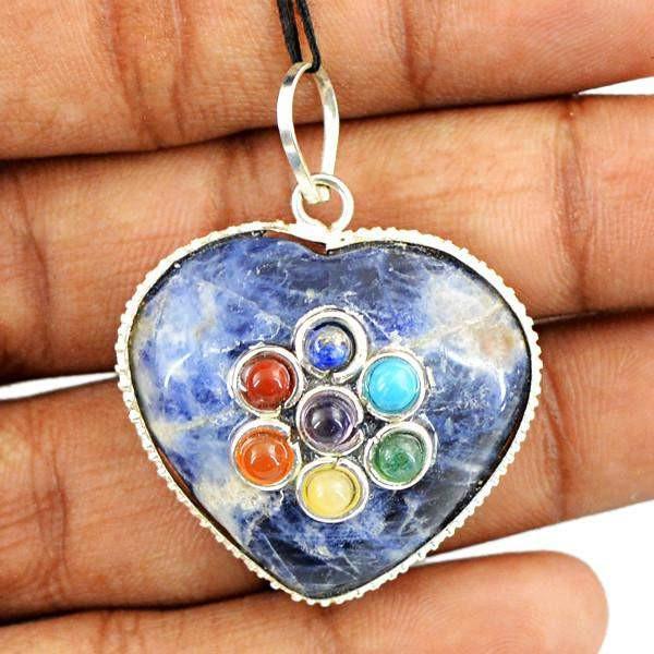 gemsmore:Natural Heart Shape Blue Sodalite Seven Chakra Healing Pendant