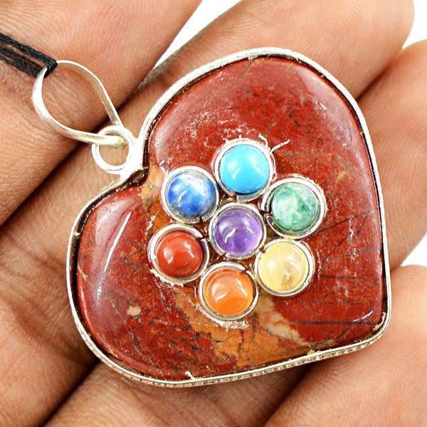 gemsmore:Natural Heart Shape Jasper Seven Chakra Healing Pendant