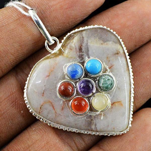 gemsmore:Natural Heart Shape Seven Chakra Agate Pendant