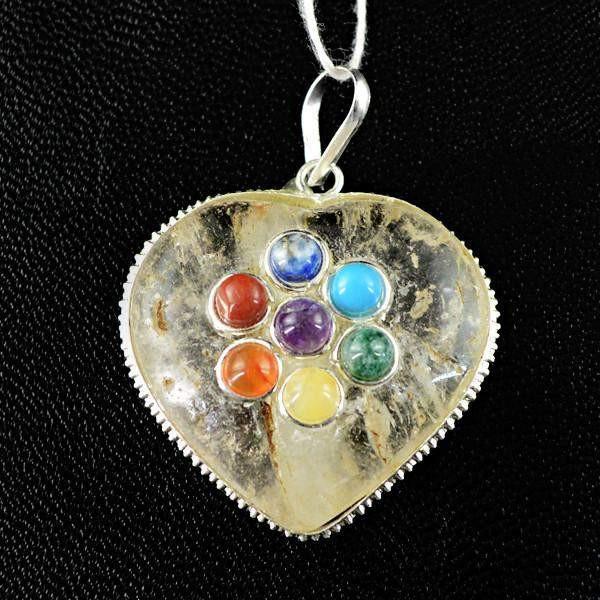 gemsmore:Natural Heart Shape White Quartz Seven Chakra Healing Pendant