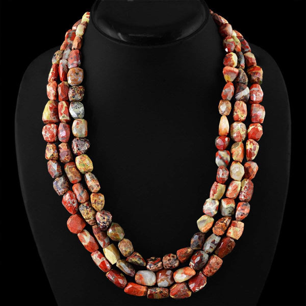 gemsmore:Natural Indian Opal Necklace 3 Strand Faceted Beads
