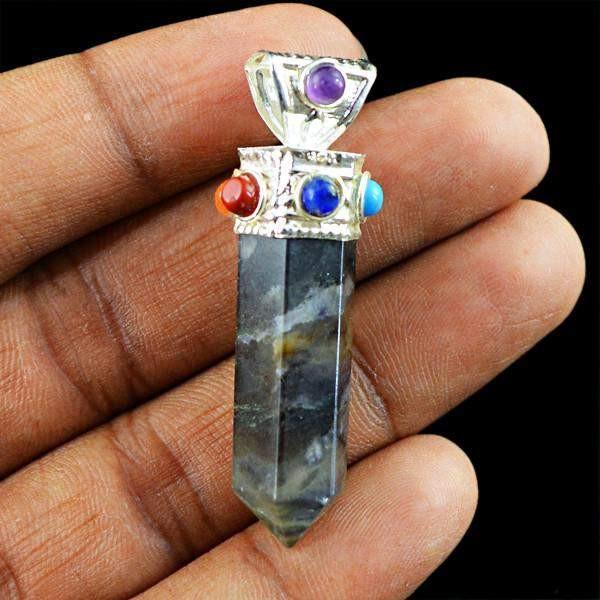 gemsmore:Natural Iolite Healing Point Seven Chakra Pendant