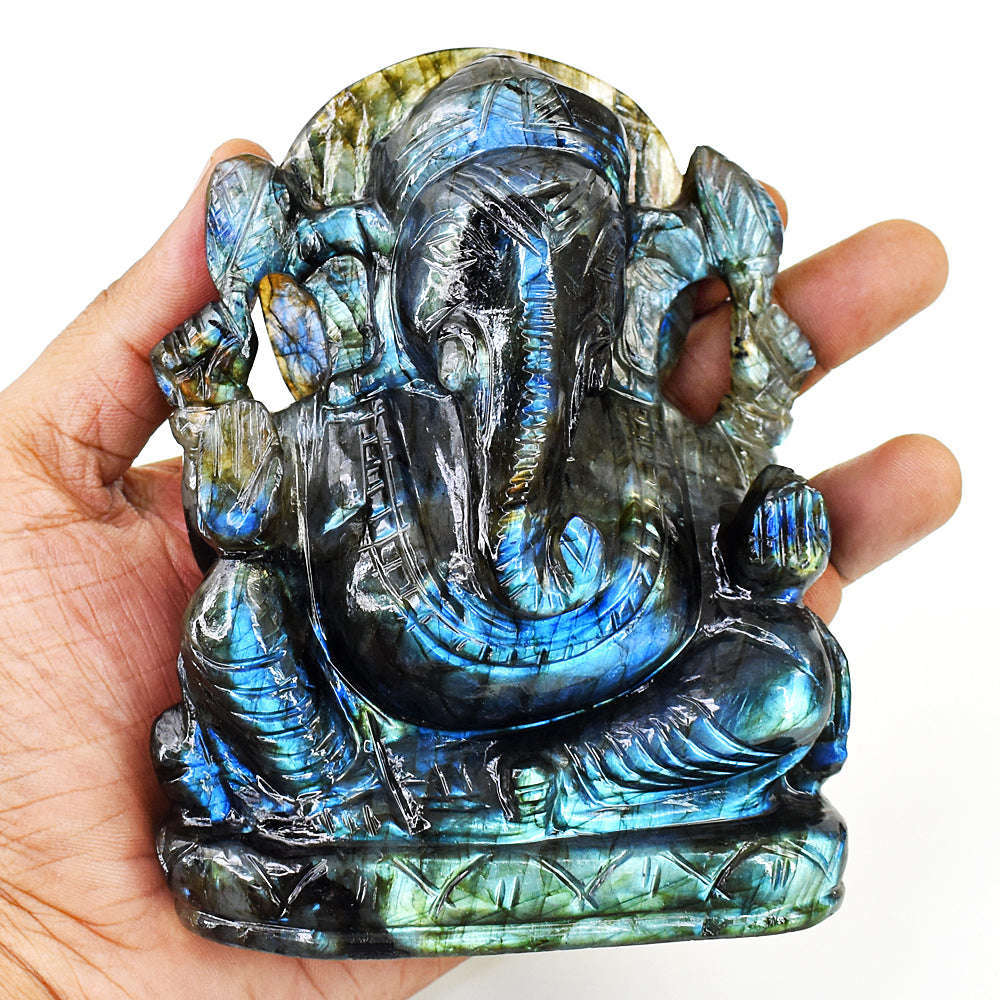 gemsmore:Natural Labradorite Hand Carved Genuine Crystal Gemstone Carving Lord Ganesha