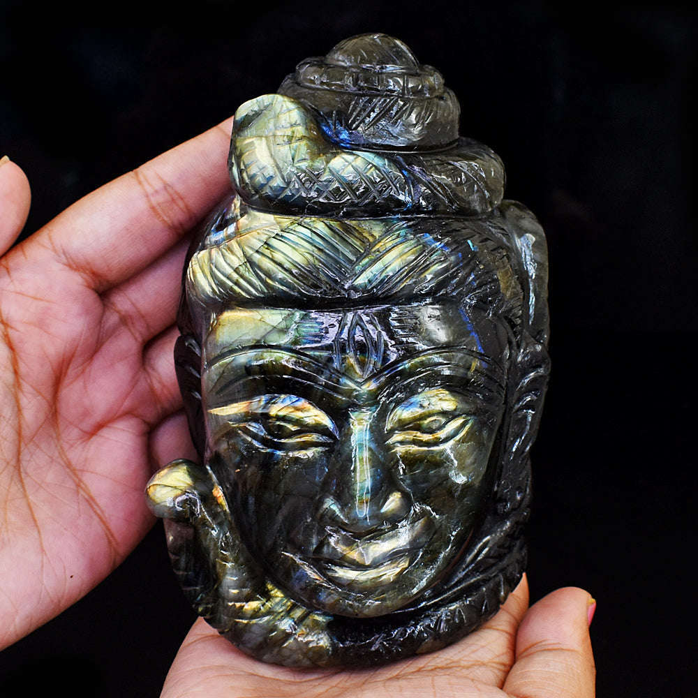 gemsmore:Natural Labradorite Hand Carved Genuine Crystal Gemstone Carving Lord Shiva