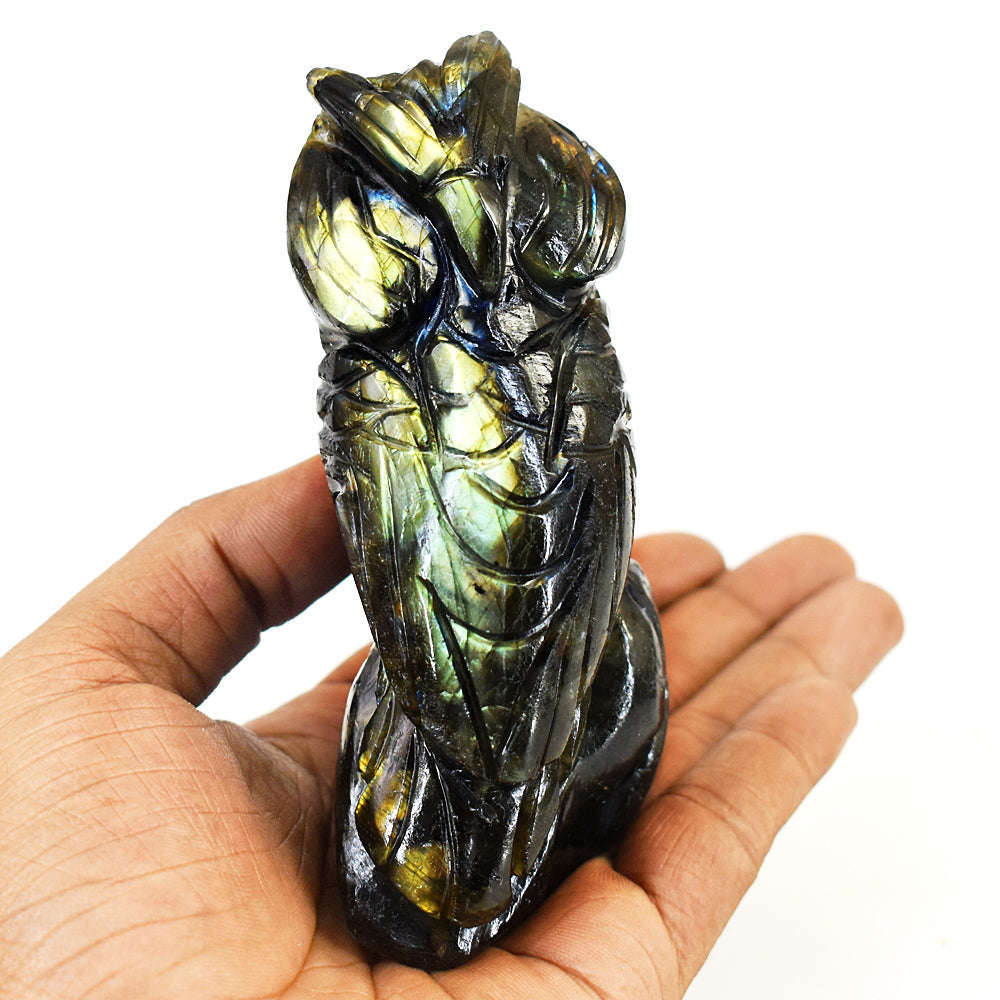 gemsmore:Natural Labradorite Hand Carved Genuine Crystal Gemstone Carving Owl