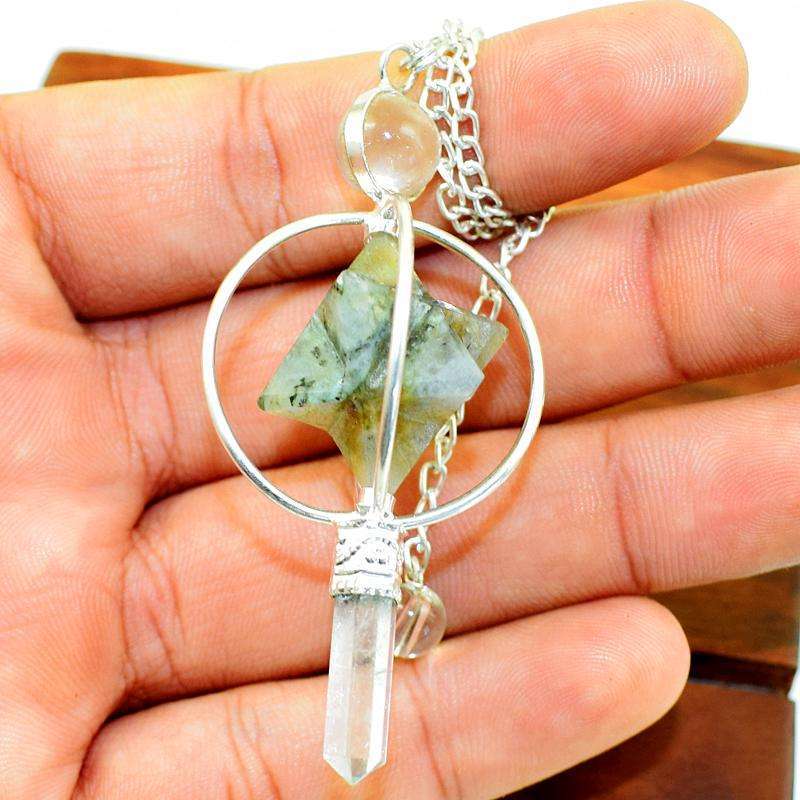 gemsmore:Natural Labradorite Merkaba & White Quartz Healing Ball Point Pendulum