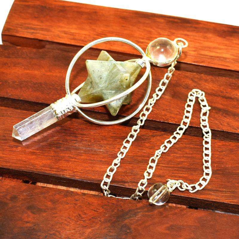 gemsmore:Natural Labradorite Merkaba & White Quartz Healing Ball Point Pendulum